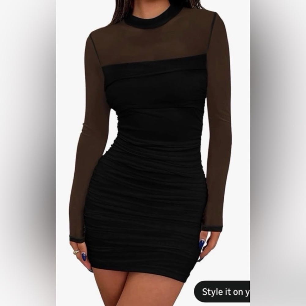 Sheer-Panel Black Long Sleeve Ruched Bodycon Dress